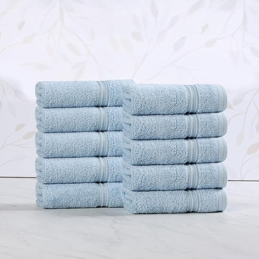 Superior Heritage Egyptian Cotton Face Towel Set, Small Towels For Kitchen, Home Bathroom, Guest Bath, Luxury Essentials, Plush, Absorbent Basics, Washcloths, Spa, Hotel, Resort, Set of 10, Light Blue