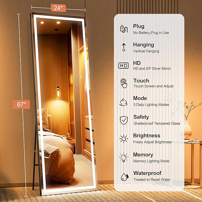 Full Length Mirror with Lights, 67" x 24" LED Lighted Floor Standing Mirror, Tempered Glass, Square Black