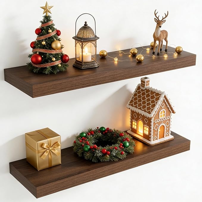 30 Inch Floating Shelves for Wall, 8 Inch Deep Floating Shelf for Storage & Display, Rustic Wall Mounted Shelf with Invisible Brackets for Living Room, Kitchen, Bathroom, Home Decor, Set of 2, Walnut