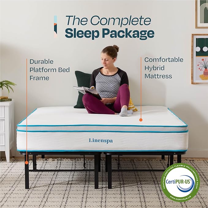 Linenspa 10” Memory Foam and Innerspring Hybrid Mattress + 14” Black Metal Platform Bedframe – King Mattress + Metal Folding King Bedframe