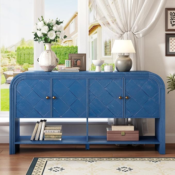 60'' Curved Sideboard with 4 Doors and Bottom Shelf, Versatile Wooden Accent Storage Cabinet Entryway Console Table for Hallway Living Room Dining Room (Navy Blue-4.16)