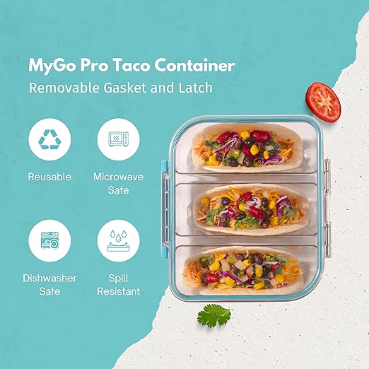 MyGo Pro Rectangular Taco Container, 3-Compartment Clear Heavy Duty Plastic Taco Holder, Portable Sleek Design, Spill-Resistant with Removable Gasket, 6.375" L X7.5" W X 2.75" H