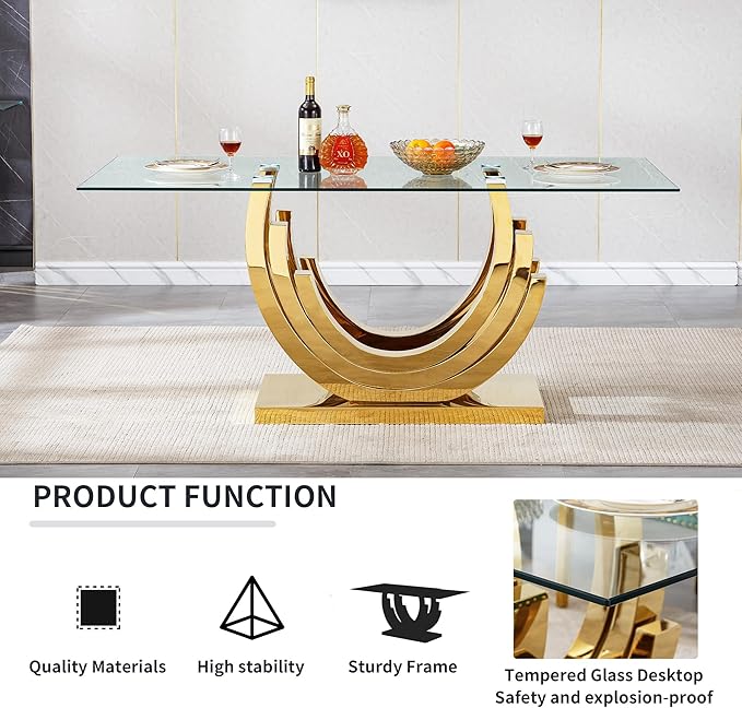 Goujxcy 70" Modern Glass Dining Table for 6-8, Luxury Gold Glass Dining Room Table with Mirrored Ring-Shape Stainless Steel Base, Rectangle Kitchen Dinner Tables for Dining Room Kitchen