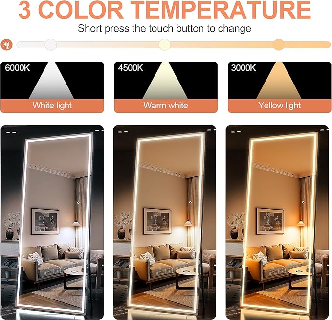 Full Length Mirror with Lights, 71" x 28" LED Lighted Floor Standing Mirror, Tempered Glass, Square Black