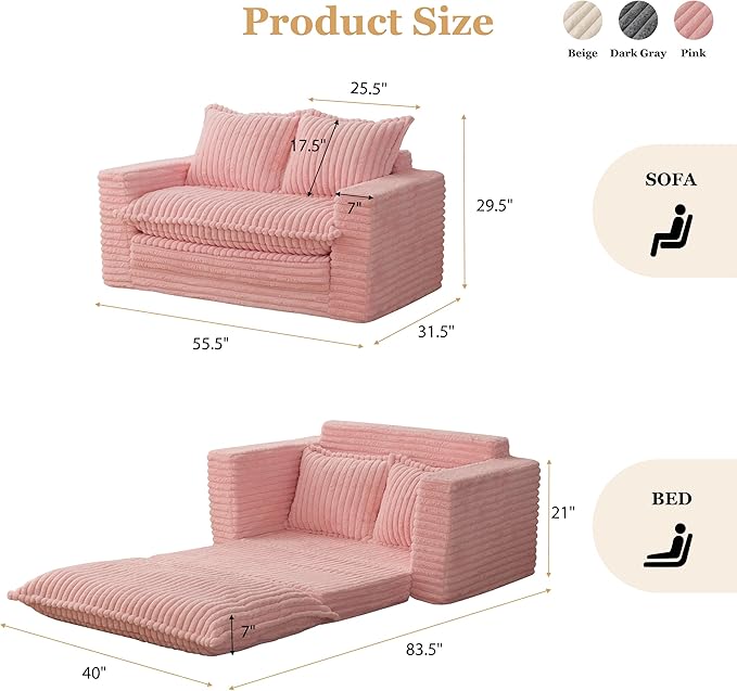 YOSHOOT Loveseat Sleeper Sofa, Convertible Sofa Bed Couch Futon Couches for Living Room, 3-in-1 Pull Out Floor Couch with Washable Cushion and Pillows