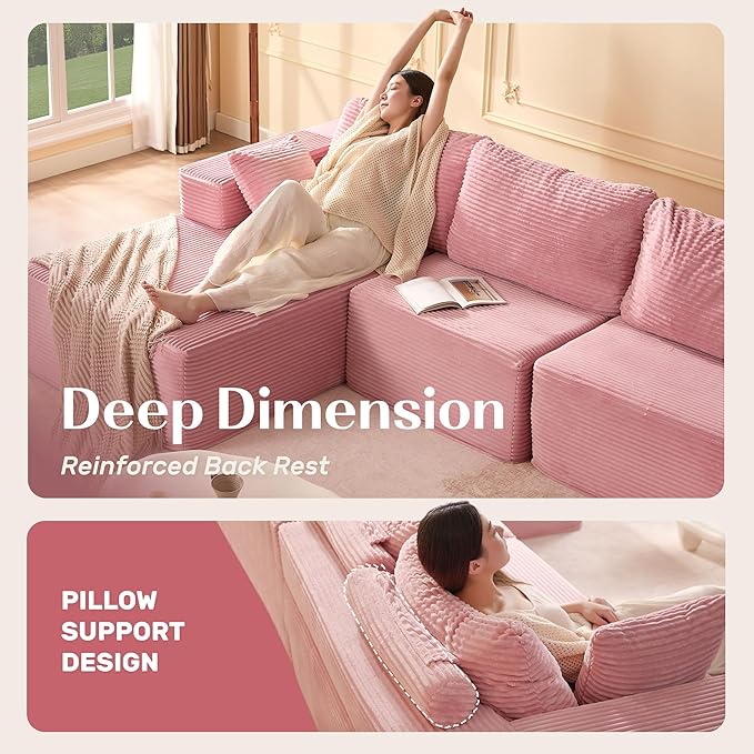 138" Boneless Couch with Deep Seat, Modular Sectional Sofa, Cloud Sectional Couch for Living Room, No Assembly Required, Corduroy, U-Shape 4 Seater Left, Pink