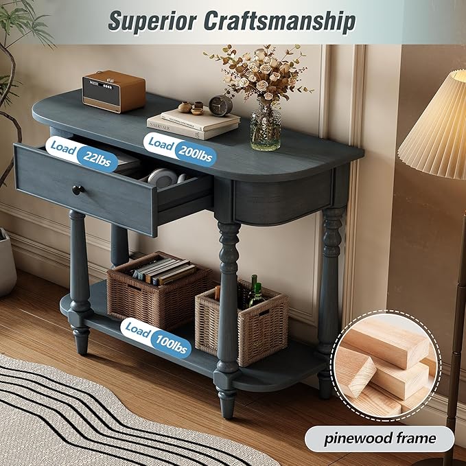 HMFULE Retro Curved Console Table, 36" Solid Wood Half Moon Console Table Sofa Table Entryway Table with 1 Drawer 1 Open Shelf Roman Legs Curved Corners for Living Room,Entryway,Hallway,Navy