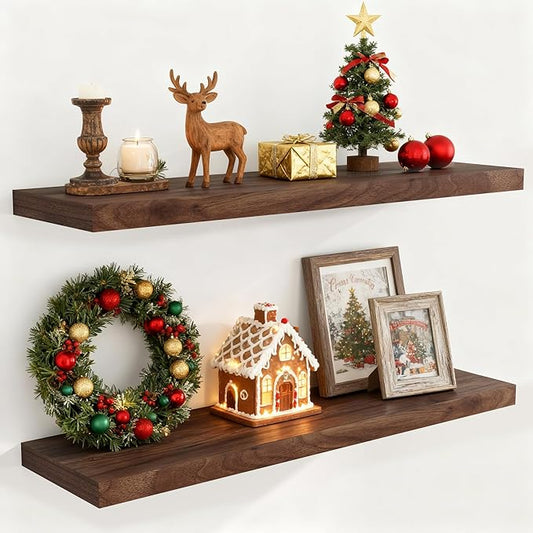 40 Inch Floating Shelves for Wall, 9.3 Inch Deep Shelves for Books & Decor, Wall-Mounted Floating Shelf 40 Inch Long Set of 2, Rustic Wooden Shelf for Living Room, Bedroom, Kitchen, Walnut