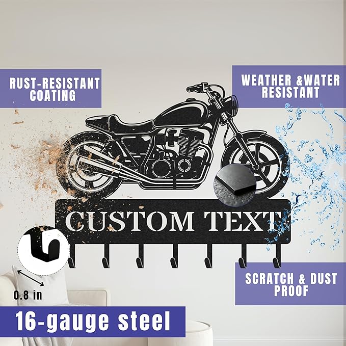 Personalized Key Holder for Wall, Custom Metal Vintage Motorbike Key Hooks with Name, Metal Jacket Holder Hooks Organizer Rack, Coat Hanger Decor for Kitchen