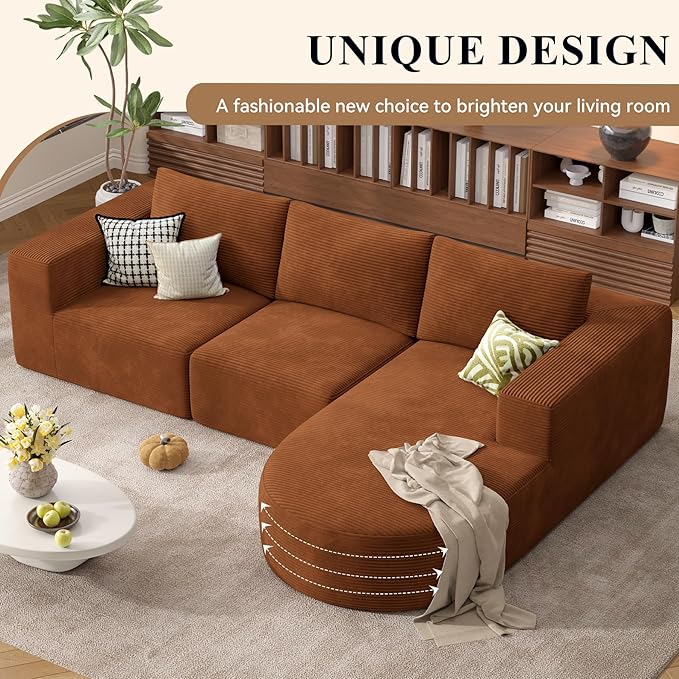 Modular Sectional Sofa with L-Shape Chaise,Cloud Sectional Modern Sleeper Couch with Deep Seat,Sponge Compression Sofas No Assembly Required(Brown-Corduroy Fabric) 1PCS