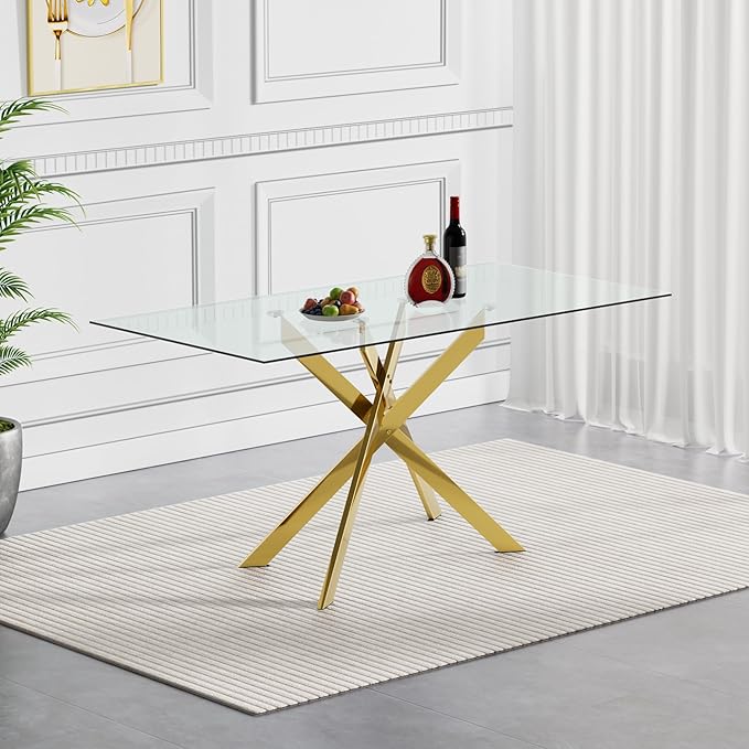 HomVent 51.18"" Rectangular Clear Tempered Glass Dining Table,Stylish Design with Golden Metal Legs, Glass Kitchen Table Glass Dining Room Table Glass Dinner Table for Dining Room, Gold10