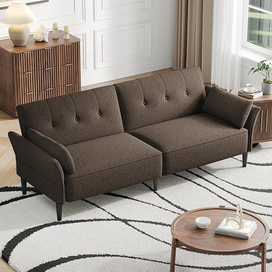 89” Futon Sofa Bed,Comfy Futon Couch Bed with 2 Square Pillows,Convertible Sleeper Sofa with Adjustable Backrest& Armrests, Modern Loveseat Sleeper for Living Room, Bedroom, Linen Brown