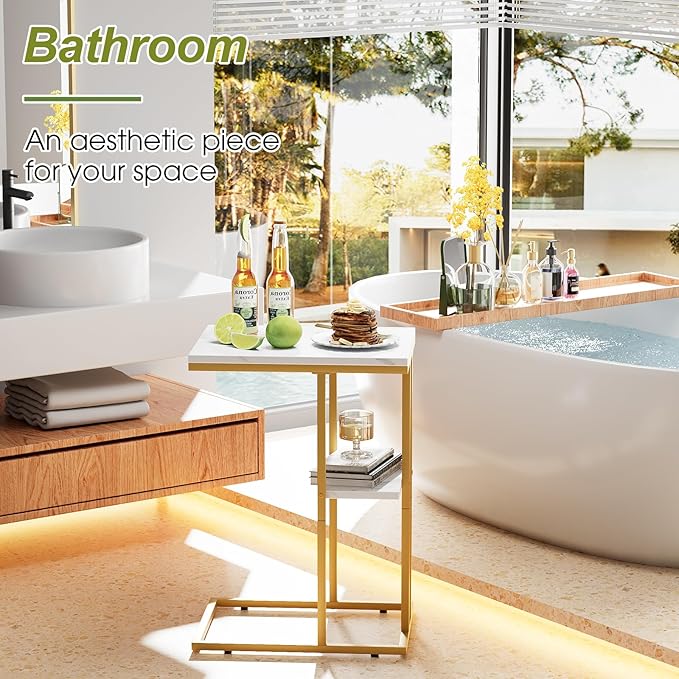 C Shaped End Side Table, Couch Sofa Table for Bed, Gold Snack Table with Metal Frame, TV Tray Table for Small Space, Living Room, Bedroom, Bedside(White Marble)