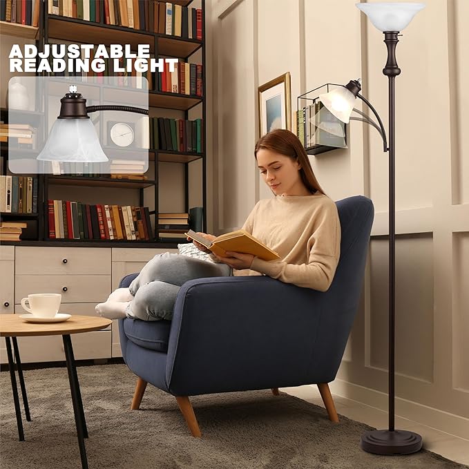 71'' Torchiere Floor Lamp for Bedroom with Glass Shade, Tall Floor Lamps for Living Room with Adjustable Angle Arc Reading Light, Modern Standing Light, Knob Switch, Bulb Included, Red Brown