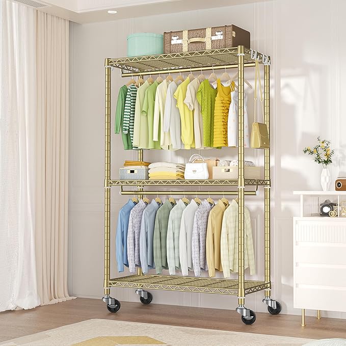 FUTASSI P3 Rolling Clothes Rack, Clothing Racks for Hanging Clothes, Heavy Duty Garment Rack with Wheels, Freestanding Portable Closet Organizer 39.4'' W x 14'' D x 78.5'' H, Max Load 464 LBS, Gold