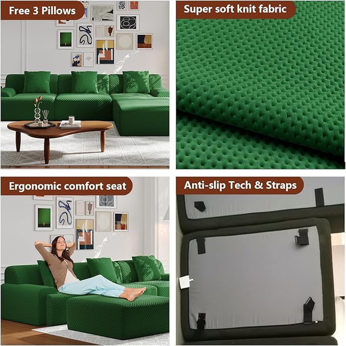 113" Modular Sectional Sofa Upholstered 3-Seater Sofa with Movable Ottoman, Oversized 4-Seater Couch with 3 Throw Pillows High-Density Foam No Assembly Free Combinations