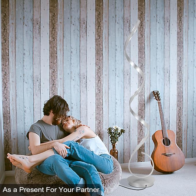 57" Modern Silver Floor Lamp,Simple Desin Shape Lamp,3 Color Light,Foot Step Switch Spriral,Floor Light with Remote for Living Room,Bedroom,Dining Room(Silver)