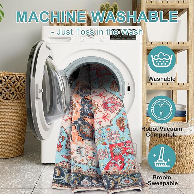 WILLSUN Washable Area Rugs, 2x6 Non-Slip Boho Area Rugs for Kitchen, Living Room, Bedroom, Machine Washable Vintage Rug, Indoor Floral Print Carpet for Home Decor, Kid & Pet Friendly Mat