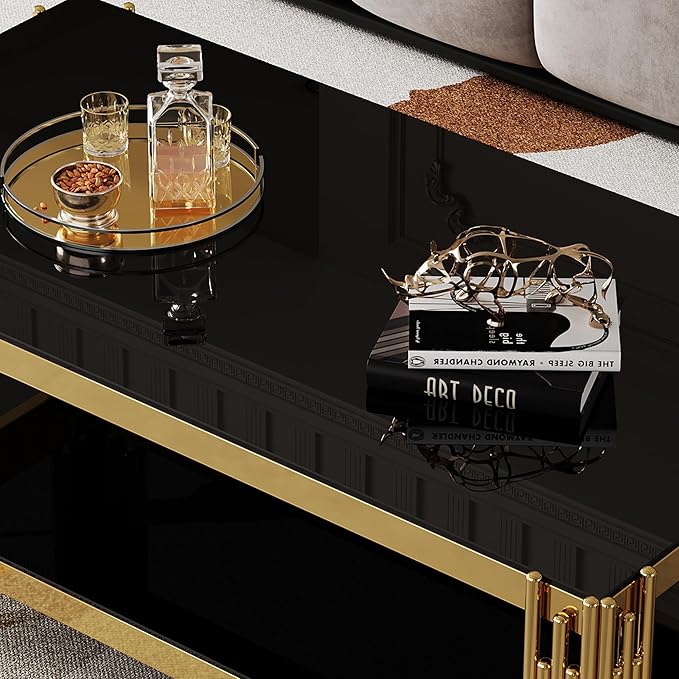 Goujxcy Modern Glass Coffee Table 47" Gold Center Table with Black Glass Top and Mirror Finish Stainless Steel Legs, Luxury Rectangular Coffee Table for Living Room Apartment (Gold)