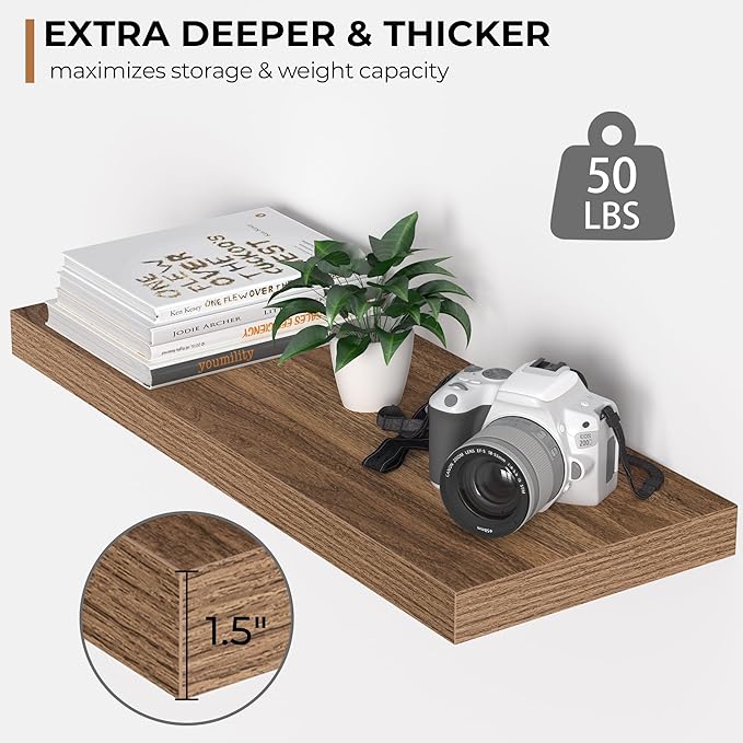 Fun Memories Floating Shelves - 24 Inch Rustic Wooden Wall Shelves - Extra Deeper & Thicker Wall Mounted Storage Shelf for Living Room, Kitchen, Farmhouse - 24"x 9"x 1.6" 2Pack, Walnut