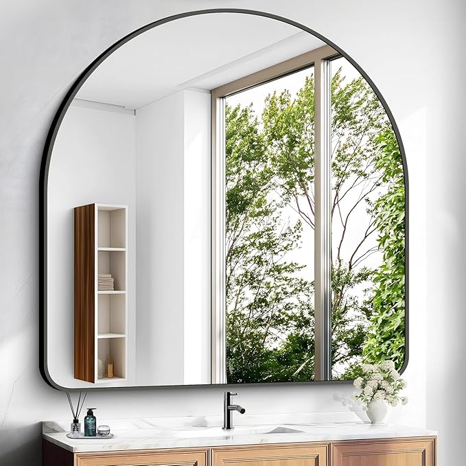 Arched Bathroom Mirror, 30"x30" Black Arched Mirror for Bathroom, Wall Mounted Mirror, Vanity Wall Mirror Metal Frame for Bedroom, Entryway, Living Room, Vertically Hanging