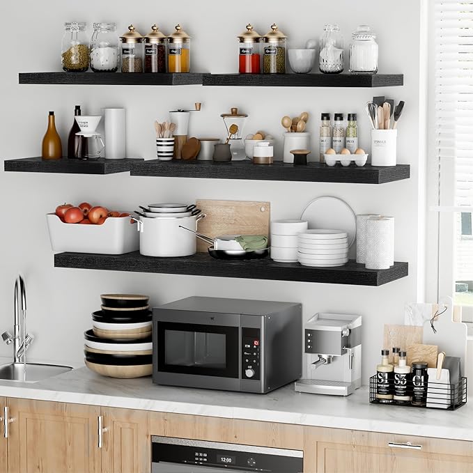 Fun Memories Floating Shelves - 12 Inch Rustic Wooden Wall Shelves - Extra Deeper & Thicker Wall Mounted Storage Shelf for Living Room, Kitchen, Farmhouse - 48" W x 12" D x 1.8" H - Rustic Black