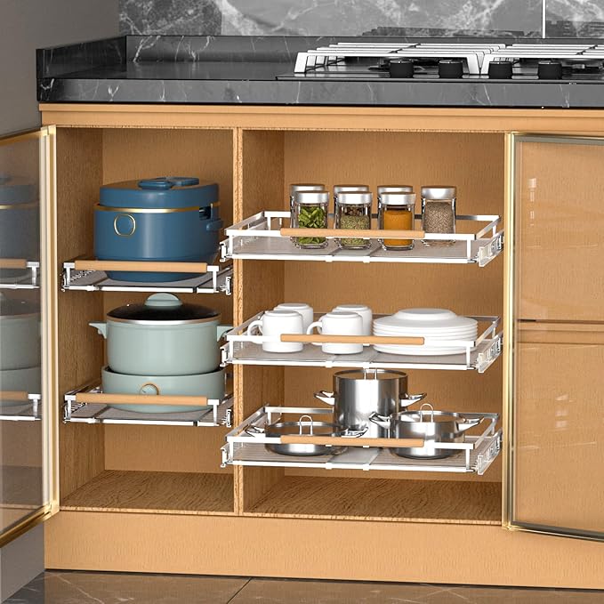 Pull Out Drawer Cabinet Organizer, Expandable Slide Out Storage Shelves - Heavy Duty, Durable and Smooth Slide-Out, 17" x 28" Wide x 22.5" Deep, 2 Pack