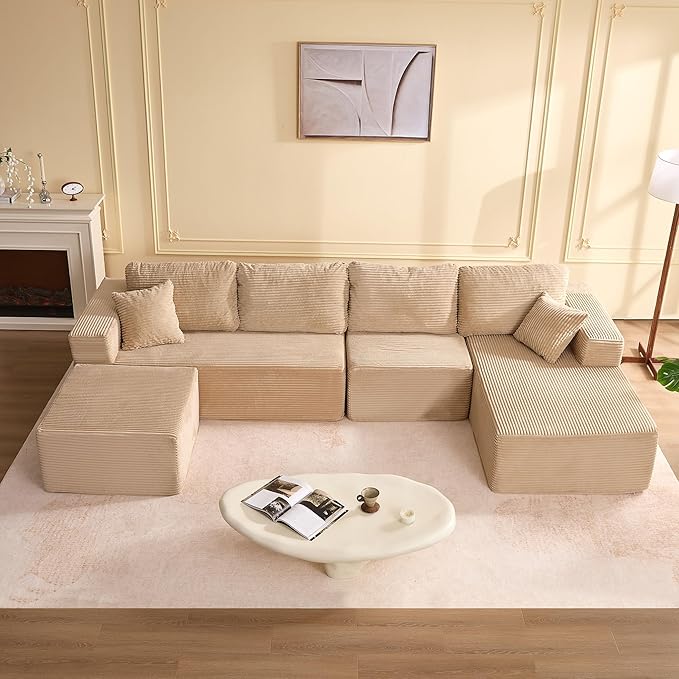 138" Boneless Couch with Deep Seat, Modular Sectional Sofa, Cloud Sectional Couch for Living Room, No Assembly Required, Corduroy, U-Shape 4 Seater Right, Camel
