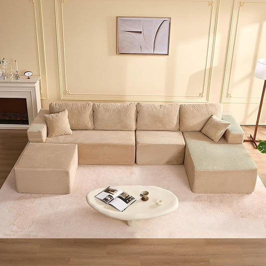 138" Boneless Couch with Deep Seat, Modular Sectional Sofa, Cloud Sectional Couch for Living Room, No Assembly Required, Corduroy, U-Shape 4 Seater Right, Camel