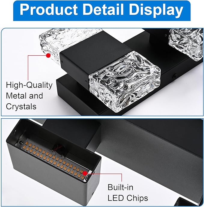 MELUCEE LED Bathroom Vanity Light 32W Crystal Vanity Light Bar 23.6 in Modern Black Bathroom Light Fixtures Crystal Wall Sconce for Bath Powder Room Entryway, 3000K Warm Lighting