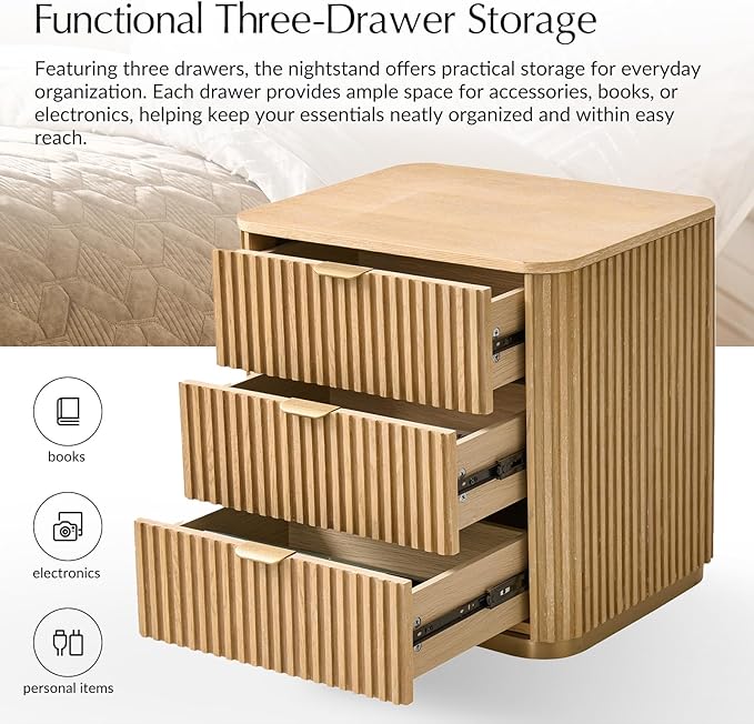 Fluted Nightstand with 3 Drawers, Modern End Table with Charging Station, USB Type-C Ports & Metal Frame for Bedroom,Natural