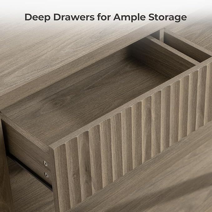 SICOTAS Fluted Entryway Table with Storage, 88.26" W Console Table with 4 Drawers & 4 Tier Storage Shelves, Modern Sofa Table Behind The Couch for Living Room, Entrance, Hallway, Foyer, Grey Alder