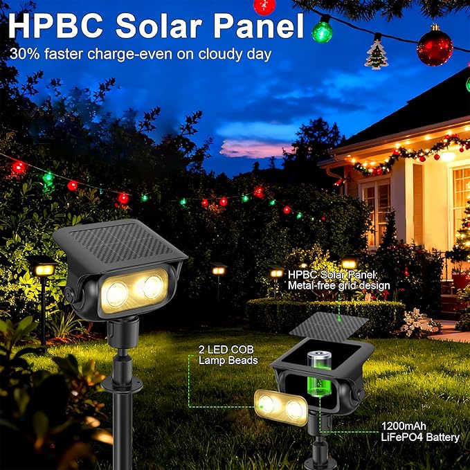 Solar Spotlight Outdoor, Warm White Stake Landscape Light with Dual Brightness, Fast-Charge HPBC Solar Panel, LiFePO4 Battery, IP67 Waterproof 2-in-1 Yard, Garden, Pathway Light