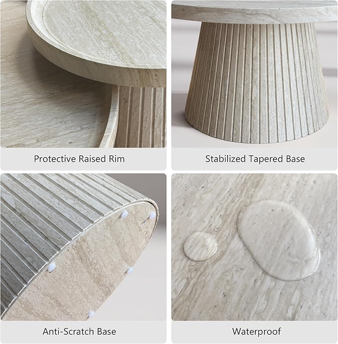 win2win Nesting Coffee Table Set of 2, Modern Fluted Coffee Table with Faux Stone Veneer, Travertine Round Tea Table and End Table Set, Minimalist Center Tables for Living Room, Office, Stone