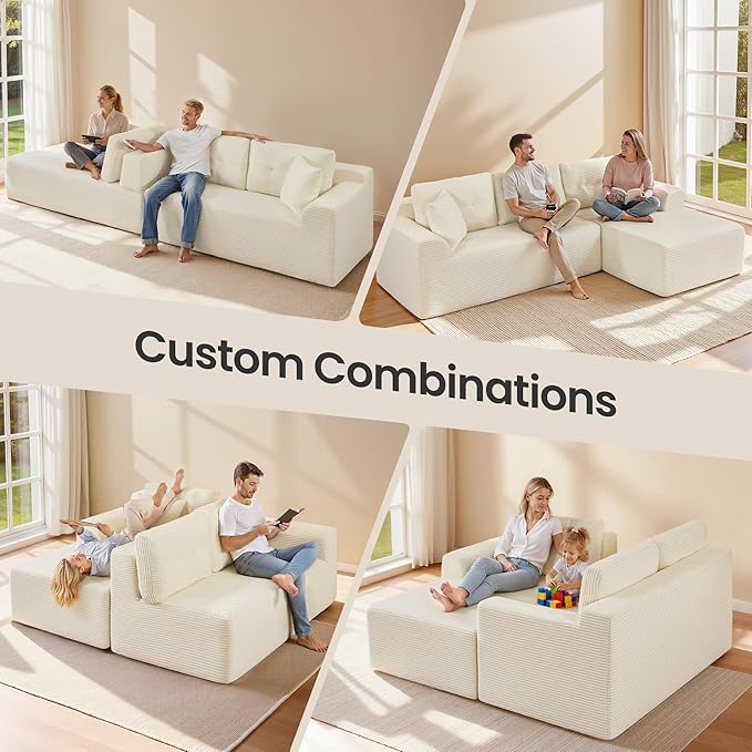 VASAGLE 108.3 Inches Boneless Couch with Chaise, Modular Sectional Sofa, Modern Cloud Couch with Deep Seat, L-Shape Corduroy Sofa for Living Room, Right-Facing Chaise, Bedroom, Cream White ULCS182WD01