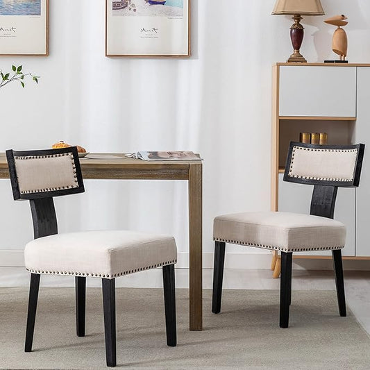 Mid Century Modern Dining Chairs Set of 2 Linen Fabric Upholstered Kitchen Side Chairs with Nailhead Trim, Modern Kitchen Armless Solid Wood Dining Chairs, Beige