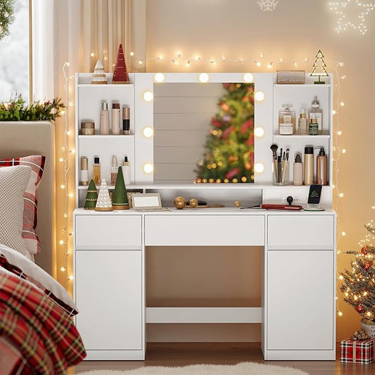 VASAGLE Kailyn Collection - Vanity Desk with Mirror and 9 LED Bulbs, Vanity Makeup Table with Power Outlets, Dressing Table with 2 Cabinets, for Bedroom, Cloud White URDT142WB01S