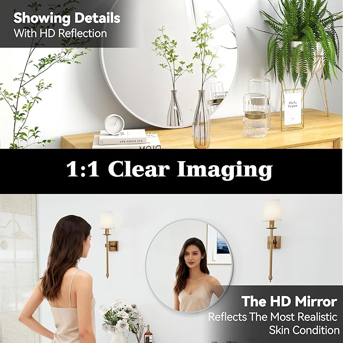24" Round Mirror Circle Wall Mounted Hanging or Against Wall Aluminum Alloy Metal Frame Dressing Make-up Mirrors for Entryway Bedroom Bathroom Living Room 24 inch Silver