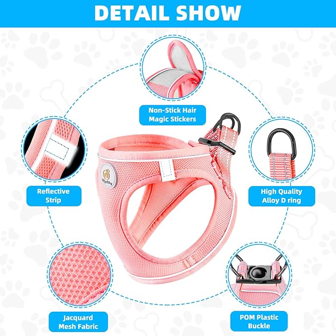Dog Harness and Leash Set, No Pull Soft Mesh Puppy Harness for Small Medium Dogs, Cats - Step in Reflective Breathable Lightweight Vest Harness for Walking, Training - Pink, M
