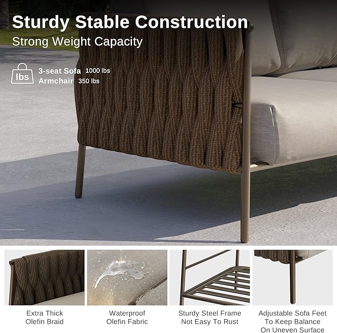 EAST OAK Life Chatter Patio Furniture Set 5 Pieces, Outdoor Furniture 5-Seat Sofa with Two Round Coffee Table, Waterproof Thick Cushion Deep Seating for Porch, Balcony, Chestnut Brown & Creamy Apricot