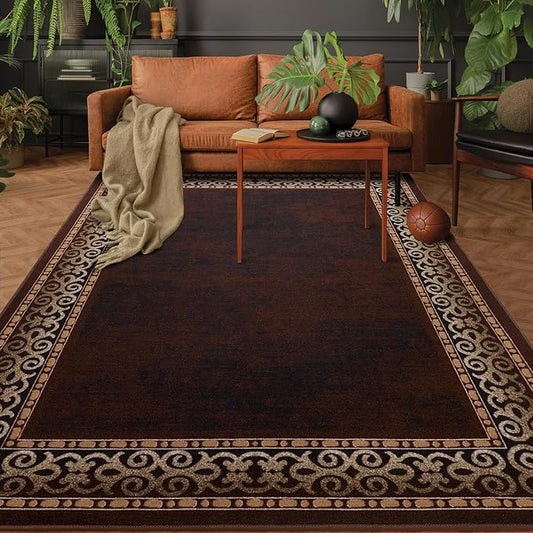 Antep Rugs Alfombras Bordered Modern 3x5 Non-Slip (Non-Skid) Low Pile Rubber Backing Indoor Area Rug (Brown, 3' x 5')