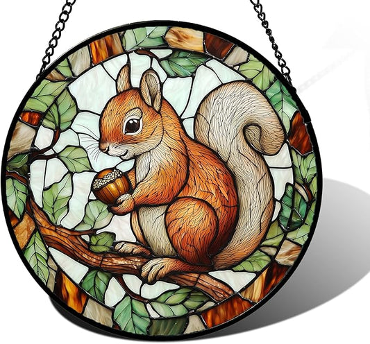Stained Glass Window Hanging, Squirrel on a Branch Suncatcher Diamond Glass Panel Animal Sun Catchers Decor for Birthday for Women, Men, Wife, Aunt, and Mom 11.8x11.8 in