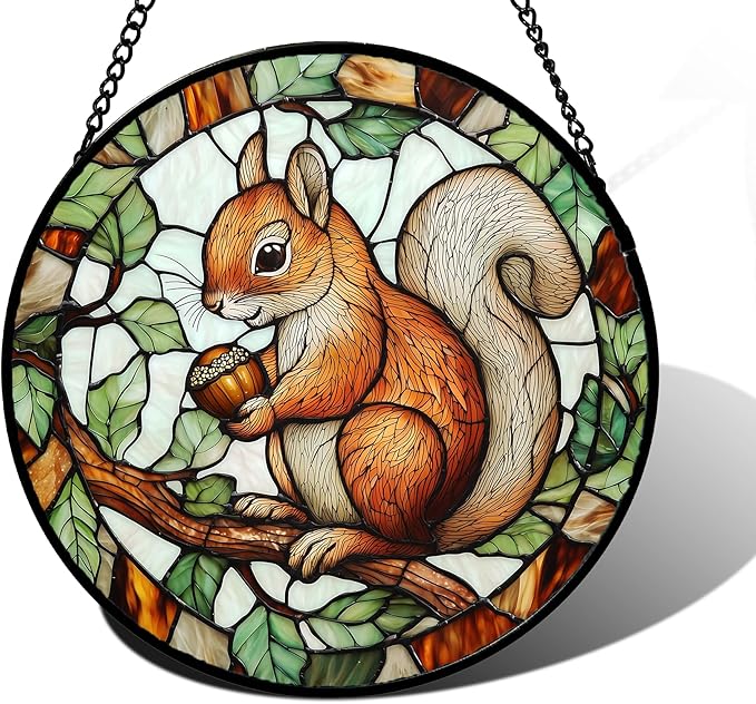Stained Glass Window Hanging, Squirrel on a Branch Suncatcher Diamond Glass Panel Animal Sun Catchers Decor for Birthday for Women, Men, Wife, Aunt, and Mom 7.8 in