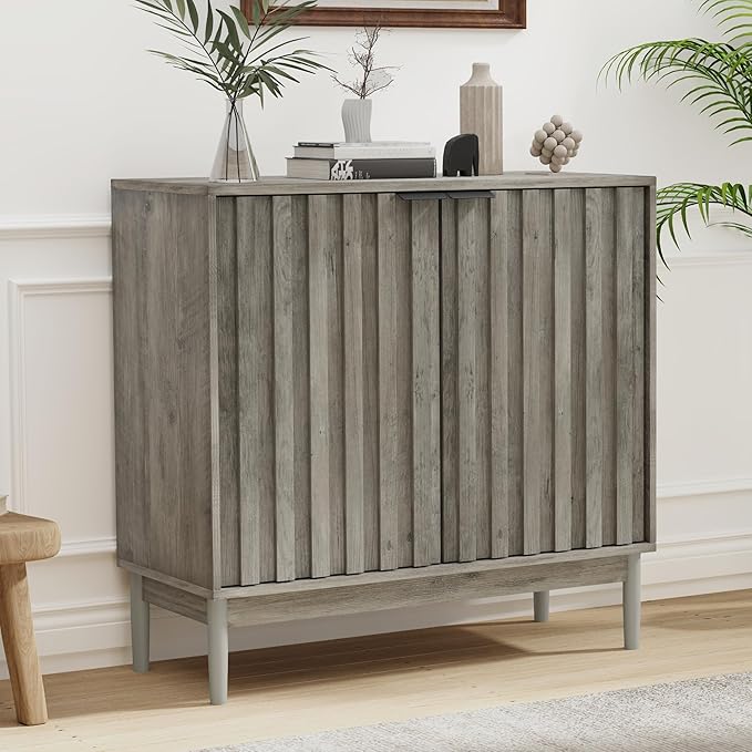 Fluted Cabinet with Storage, Small Buffet Cabinet Sideborad with Door, Kitchen Buffet Storage Accent Cabinets with Adjustable Shelves for Living Room, Entry, Hallway, Gray