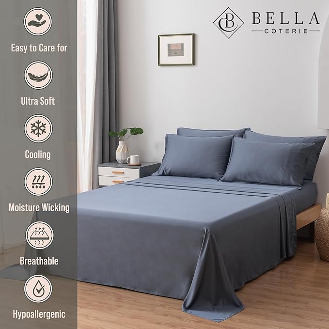 Bella Coterie 6 Piece Luxury Bamboo Viscose California King Size Sheet Set | 100% Organically Grown | Cooling for Hot Sleepers | 18" Deep Pocket | Soft & Hypoallergenic | 4 Pillowcases [Slate Blue]