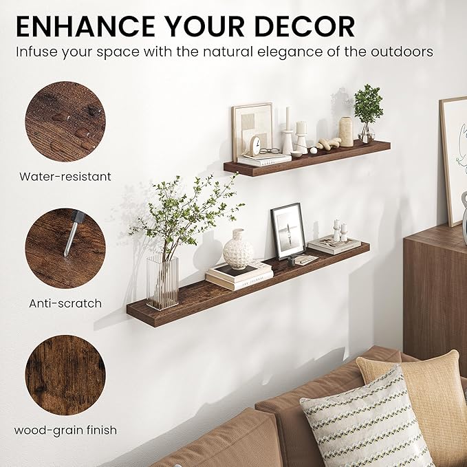 Heimlove 48 Inch Floating Shelves for Wall,Extra Long Wood Shelves Mounted Storage Hanging Shelf Invisible Bracket for Bedroom,Living Room,Kitchen,Office,Set of 2,Rustic Brown