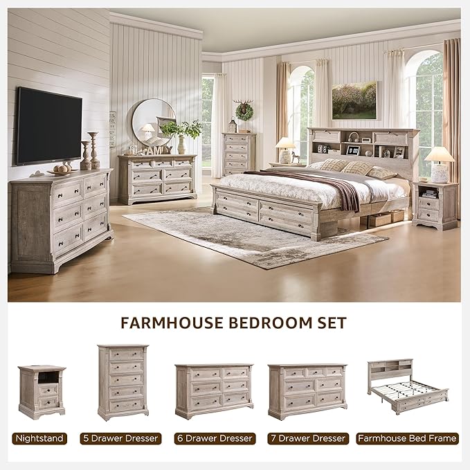 Farmhouse King Size Bed Frame with 54" Tall Storage Bookcase Headboard, 18" Roman Column Decoration Footboard,2 Drawer & 4 Storage Rack, Wood Platform Bed Frame, No Box Spring Needed(Light Rustic Oak)
