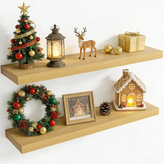 40 Inch Floating Shelves for Wall, 8 Inch Deep Floating Shelf for Storage & Display, Rustic Wall Mounted Shelf with Invisible Brackets for Living Room, Kitchen, Bathroom, Home Decor, Set of 2, Oak