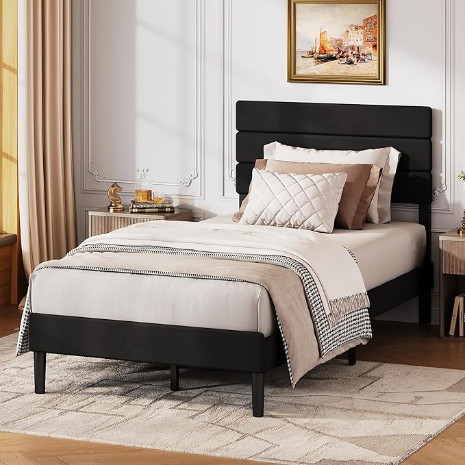 WLIVE Twin Size Upholstered Bed Frame, Velvet Square Tufted Headboard,Sturdy Metal & Wooden Slats Support, No Box Spring Needed, Black