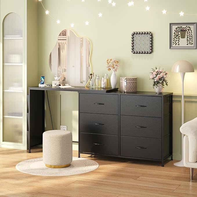 Modern Corner Vanity Desk with 6 Fabric Drawers Power Outlet Side Pocket L Shaped Drawers Makeup Desk Dressing Table for Girls Women Bedroom (Black)